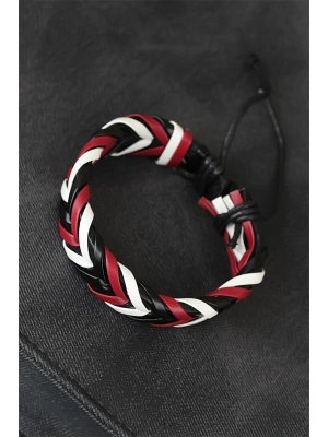 Bordo Beyaz Siyah Örgü Deri Erkek Bileklik