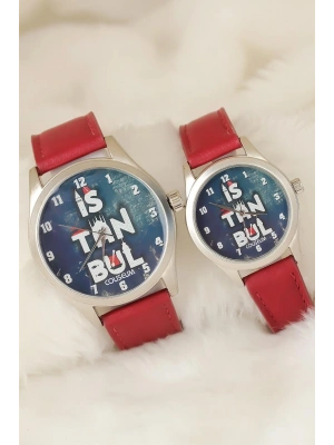 Bordo Renk Deri Kordonlu İstanbul Tasarımlı Sevgili Saatleri