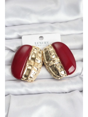 Bordo Renk Pirinç Vintage Kadın Küpe