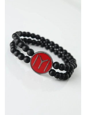 Bordo Renkli Metal Üzerine Füme Kayı Boyu Figürlü Siyah Renk Çift Sıra Doğal Taş Erkek Bileklik