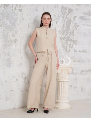 Broşlu yelek pantolon takım bej s255821