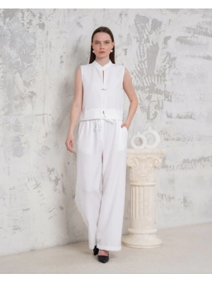 Broşlu yelek pantolon takım beyaz s255821