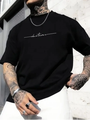 Büyük Beden Erkek Whatever Baskılı Tişört, Oversize Erkekler İçin Yaz Modası Kısa Kollu Tişörtler - Siyah