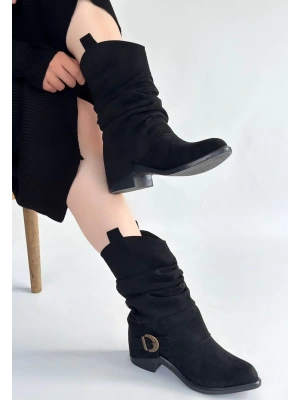 Canty Siyah Süet Körüklü Topuklu Çizme