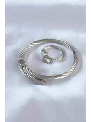 Çelik Gümüş Renk Burgu Model Erkek Bileklik Yüzük Seti