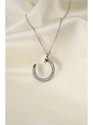 Çelik Silver Renk Zirkon Taşlı Çivi Model Kadın Kolye