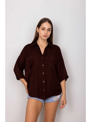 Cepli salaş gömlek koyu kahve t1010