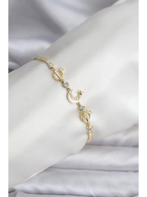 Charmlı Model Zirkon Taşlı Gold Renk Su Yolu Kadın Bileklik