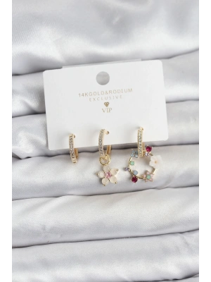 Çiçek Model Gold Renk Pirinç 3lü Kadın Küpe Seti