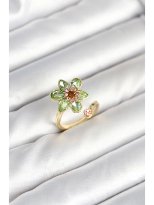 Çiçek Model Yeşil Pirinç Gold Renk Yüzük