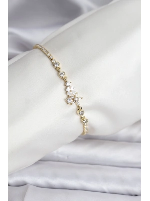 Çiçekli Model Zirkon Taşlı Gold Renk Su Yolu Kadın Bileklik