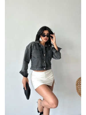 Çift cepli kol katlamalı süper taş enzim yıkama crop kot ceket füme d2000