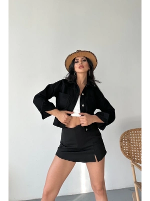 Çift cepli kol katlamalı süper taş enzim yıkamalı crop kot ceket siyah d2000