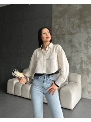 Çift renkli kısa gömlek krem s4021