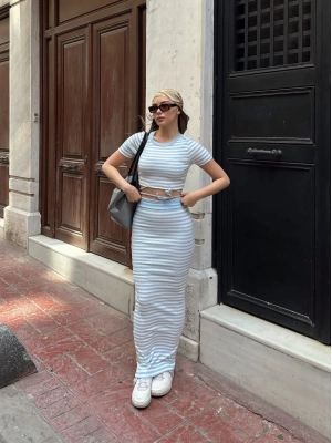 Çizgili etekli takım mavi s3609