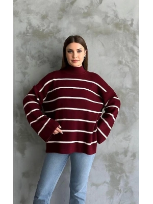 Çizgili ispanyol kol triko boğazlı kazak bordo elf
