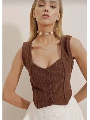 Çizgili krep düğmeli yelek kahve s3395