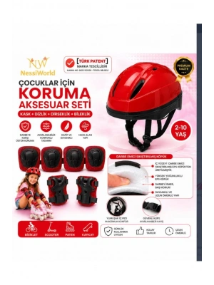 Çocuk Kaskı Ve Dizlik, Dirseklik Eldiven Set KIRMIZ/KIRMIZISİYAH