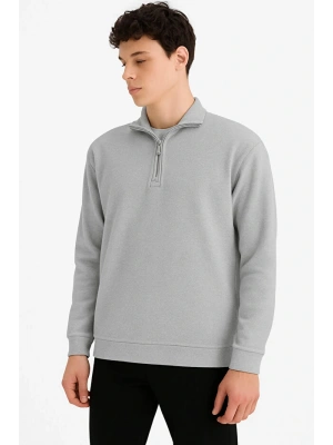 Comfort Fit Dik Yaka Dokulu Yarım Fermuarlı Waffle Sweatshirt