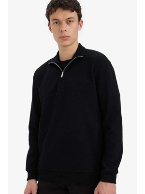 Comfort Fit Dik Yaka Dokulu Yarım Fermuarlı Waffle Sweatshirt