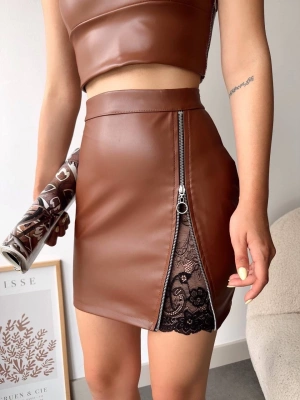 Dantelli fermuarlı deri etek kahve w24598