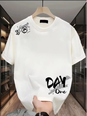 Day One Baskılı Oversize Bisiklet Yaka T-shirt - Beyaz