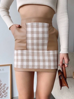 Deri cep garnili kaşe etek bej h24604