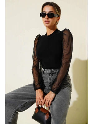Dik yaka tül kollu bluz siyah t3066