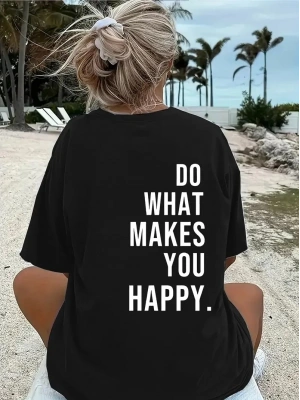 Do What Makes You Happy Unisex Linemen Oversize Baskılı T-shirt - Siyah