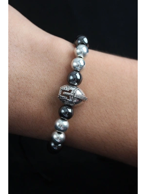 Doğal Taş Gladyatör Model Gümüş Ve Füme Renk Asansörlü Erkek Bileklik