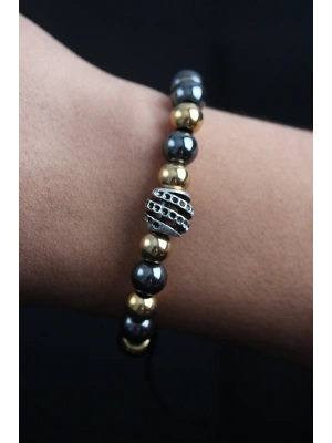 Doğal Taş Sarmal Model Gold Ve Füme Renk Asansörlü Erkek Bileklik