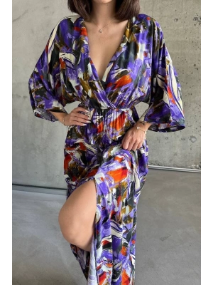 Dokuma baskılı yarasa kol elbise s8124