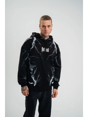 Double Oversize Kapşonlu Şimşek Pano Baskılı SweatShirt - Siyah