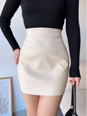 Düz deri etek bej h24468