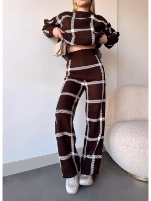 Ekoseli triko takım kahvebeyaz