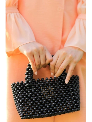 El yapımı incili yuvarlak kol çanta siyah