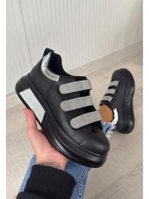 Elika Siyah Cilt Simli Cırt Cırtlı Spor Ayakkabı