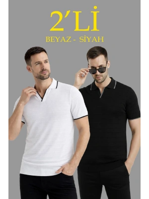 Erkek 2’li Paket Triko Yakalı Düğmesiz Açık Yaka Fitilli Kısa Kollu Regular Fit Tişört - Beyaz & Siyah