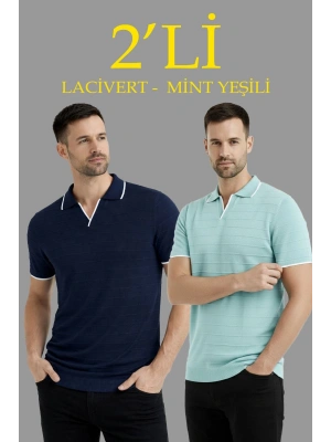 Erkek 2’li Paket Triko Yakalı Düğmesiz Açık Yaka Fitilli Kısa Kollu Regular Fit Tişört - Lacivert & Mint Yeşili