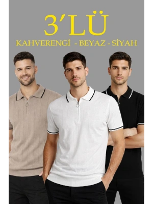 Erkek 3’lü Paket Dokuma Triko  Fermuarlı Yakalı Fitilli Kısa Kollu Regular Fit Tişört - Kahverengi, Beyaz, Siyah