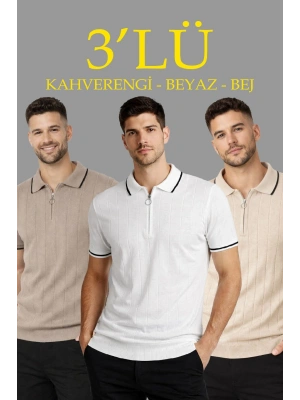 Erkek 3’lü Paket Dokuma Triko  Fermuarlı Yakalı Fitilli Kısa Kollu Regular Fit Tişört - Kahverengi, Beyaz, Bej