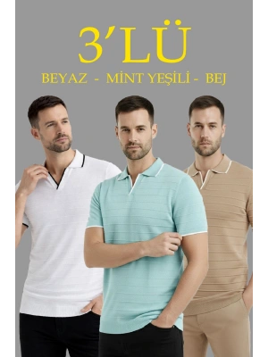 Erkek 3’lü Paket Triko Yakalı Düğmesiz Açık Yaka Fitilli Kısa Kollu Regular Fit Tişört - Bej, Beyaz, Mint Yeşili