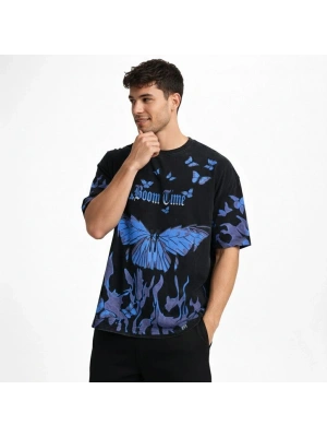 Erkek Asit Yıkamalı Oversize Tişört Mavi Kelebek Baskılı Dijital Print Bisiklet Yaka Streetwear T-Shirt - Siyah