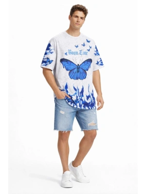 Erkek Asit Yıkamalı Oversize Tişört Mavi Kelebek Baskılı Dijital Print Bisiklet Yaka Streetwear T-Shirt - Beyaz