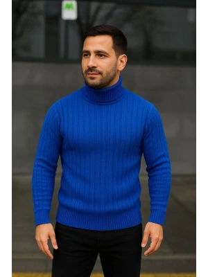 Erkek Balıkcı Yaka Bağazlı Triko Kazak Pamuklu Kalın Fitilli Dokuma, Regular Fit Uzun Kollu Kışlık Model - Saks Mavisi
