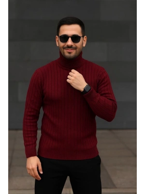 Erkek Balıkcı Yaka Bağazlı Triko Kazak Pamuklu Kalın Fitilli Dokuma, Regular Fit Uzun Kollu Kışlık Model - Bordo