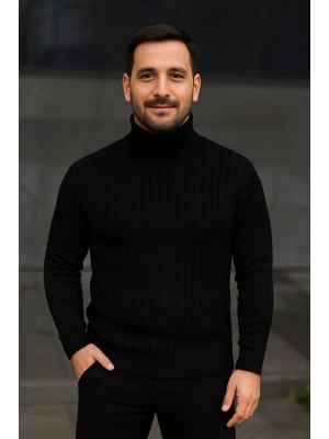 Erkek Balıkcı Yaka Bağazlı Triko Kazak Pamuklu Kalın Fitilli Dokuma, Regular Fit Uzun Kollu Kışlık Model - Siyah