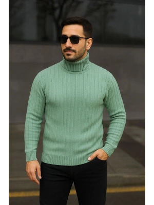 Erkek Balıkcı Yaka Bağazlı Triko Kazak Pamuklu Kalın Fitilli Dokuma, Regular Fit Uzun Kollu Kışlık Model - Mint Yeşili