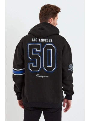 Erkek Baskılı Kapşonlu Üç iplik Oversize Sweatshirt - Siyah