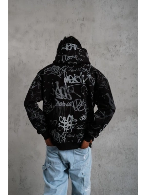 Erkek Baskılı Kapüşonlu Ribanalı Sweat - Siyah